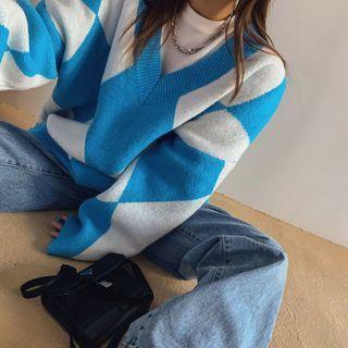 V-neck Argyle Oversized Sweater
