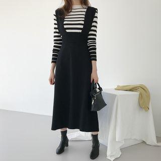 Set: Crew-neck Stripe Knit Top + Jumper Skirt Black - One Size