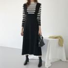 Set: Crew-neck Stripe Knit Top + Jumper Skirt Black - One Size