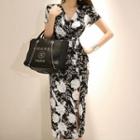 Flower Print Short-sleeve Wrap Midi Dress