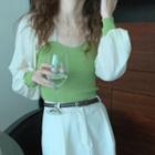 Puff-sleeve Knit Panel Plain Blouse