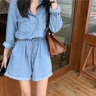 Long-sleeve Denim Playsuit Light Blue - One Size