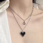 Pixelated Heart Pendant Layered Alloy Necklace Black Heart - Silver - One Size