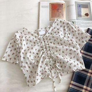 Floral V-neck Drawcord Short-sleeve Blouse