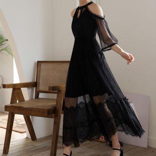 Cold-shoulder Midi A-line Mesh Dress