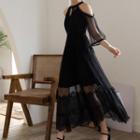 Cold-shoulder Midi A-line Mesh Dress