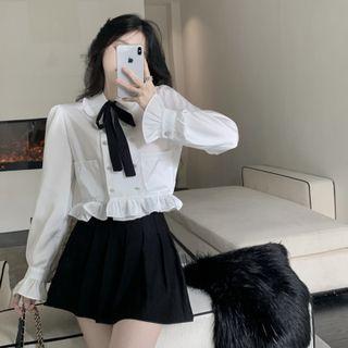 Tie-neck Frill Trim Double-breasted Cropped Blouse