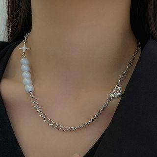 Cross Faux Pearl Alloy Choker Silver - One Size