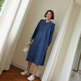 Beribboned Frilled Sailor-collar Denim Dress