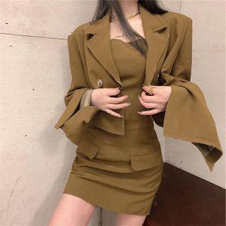 Set: Double-breasted Cropped Blazer + Strapless Mini Sheath Dress