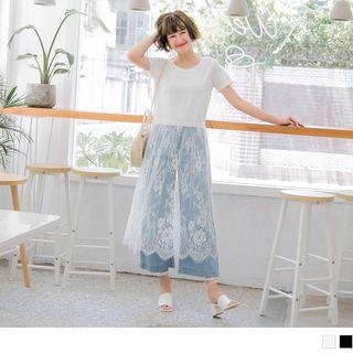 Sheer Lace Panel Short Sleeve Top