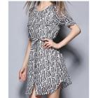 Patterned Elbow Sleeve Tie Waist Dress
