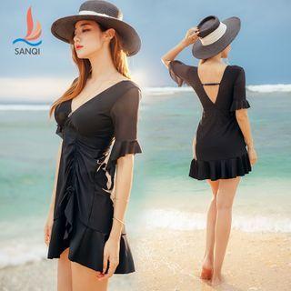 Ruffle Trim Short-sleeve Drawstring Swimdress