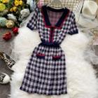 Short-sleeve Plaid Mini A-line Knit Dress Blue - One Size
