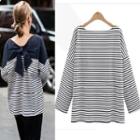 Bow Accent Striped Panel Long Sleeve T-shirt