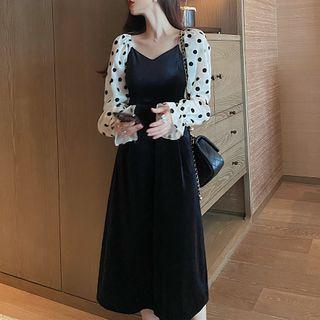 Sweetheart Polka Dot Panel Velvet A-line Dress