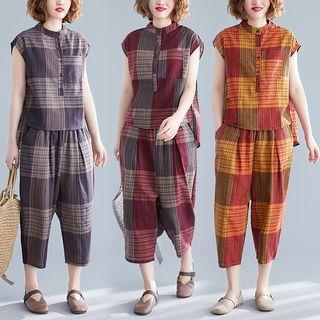 Set: Short-sleeve Plaid Top + Harem Pants