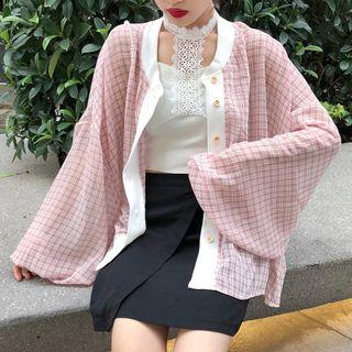 Set: Plaid Long Sleeve Blouse / Lace Camisole Top