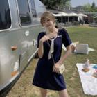 Short-sleeve Two-tone Tie-neck Mini A-line Dress