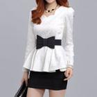 Bow Accent Long-sleeve Peplum Top