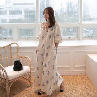 Open-placket Floral Maxi Dress Oatmeal - One Size