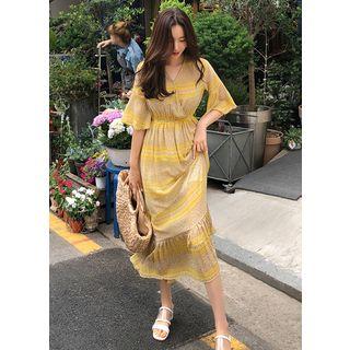 Surplice-neck Pattern Chiffon Maxi Dress