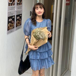 Lantern-sleeve Plaid Layered Pleated Dress