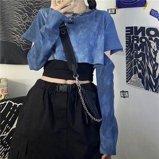 Set: Long-sleeve Tie-dye Cut-out Cropped Top + Camisole