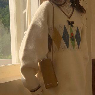 Long Sleeve V Neck Argyle Sweater