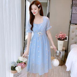 Puff-sleeve Square-neck Floral Mesh Dress