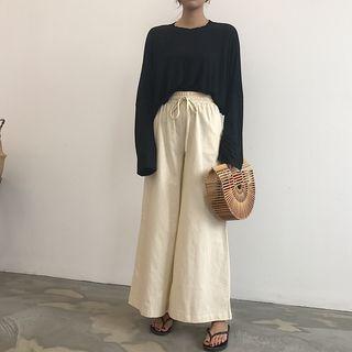 Set : Plain Long-sleeve T-shirt + Wide Leg Pants