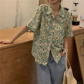 Elbow-sleeve Floral Print Shirt Floral - Yellow & Green - One Size