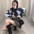 Color-block Check Loose-fit Sweater / Plaid Pleated Skirt