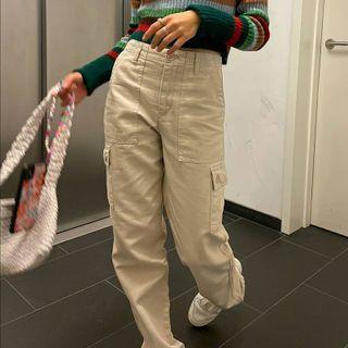 High-waist Straight-fit Plain Cargo Jeans