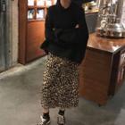 Split Back Hoodie / Leopard Print Midi H-line Skirt