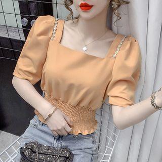 Short-sleeve Rhinestone Square-neck Blouse