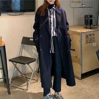 Double-breasted Long Coat / Long-sleeve Striped Shirt