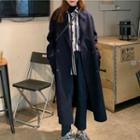Double-breasted Long Coat / Long-sleeve Striped Shirt