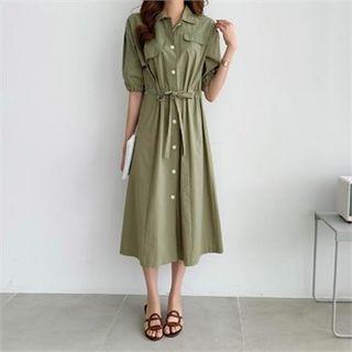 Puff-sleeve Drawstring-waist Dress Khaki - One Size