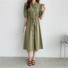 Puff-sleeve Drawstring-waist Dress Khaki - One Size