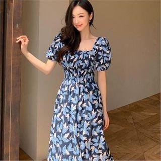 Puff-sleeve Smocked Floral Print Dress