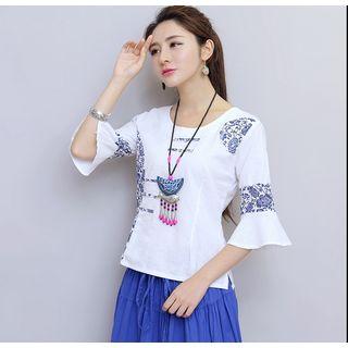 Floral Print Panel Elbow Sleeve Top