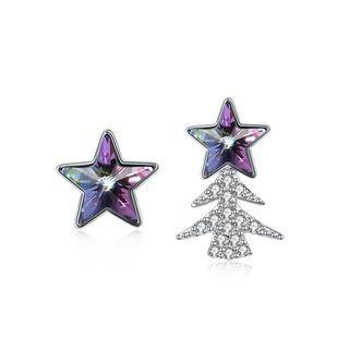 925 Sterling Silver Star Christmas Tree Asymmetric Earrings With Purple Austrian Element Crystal Silver - One Size