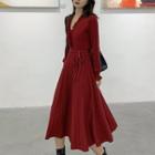 Long-sleeve V-neck Tie-waist Knit Midi A-line Dress