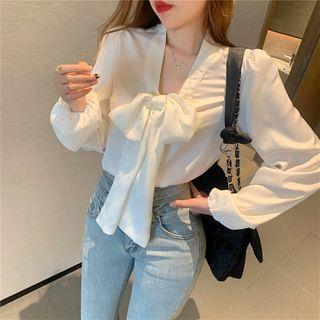 V-neck Plain Bow Oversize Blouse White - One Size