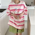 Elbow-sleeve Striped T-shirt / Heart Embroidered Shorts