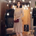 Gathered-waist Pleated V-neck Plain A-line Dress