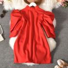 Puff-sleeve Mock-neck Zipped Mini Dress