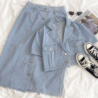 Short-sleeve Denim V-neck Top / High-waist Denim Skirt