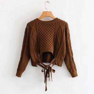 Cropped V-neck Cable Knit Sweater